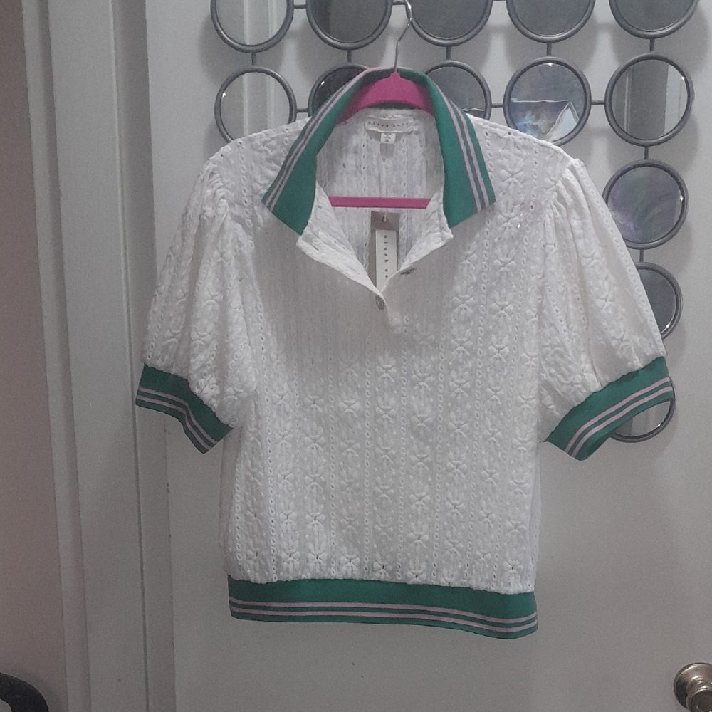 White Eyelet Polo Top with Green Trim